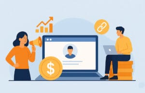 Ilustração vetorial com um homem usando notebook sentado sobre moedas, uma mulher com megafone e ícones de marketing de afiliados como gráfico de crescimento, símbolo de link e moeda, ao redor de um grande laptop. Representa marketing digital e vendas online.